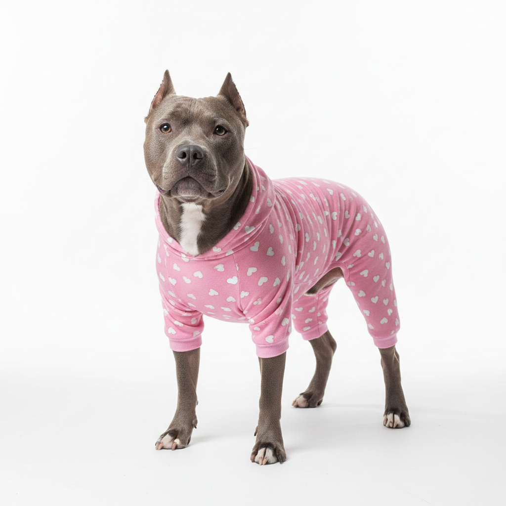 Medium grey pitbull wearing pink heart print dog pajamas