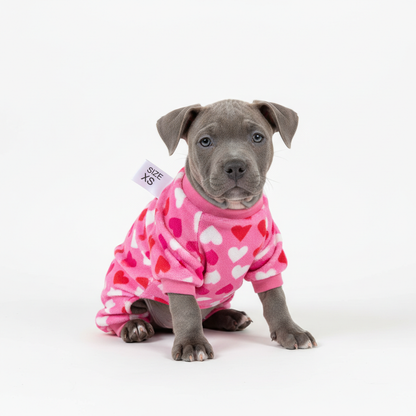 Small grey pitbull wearing pink heart print dog pajamas