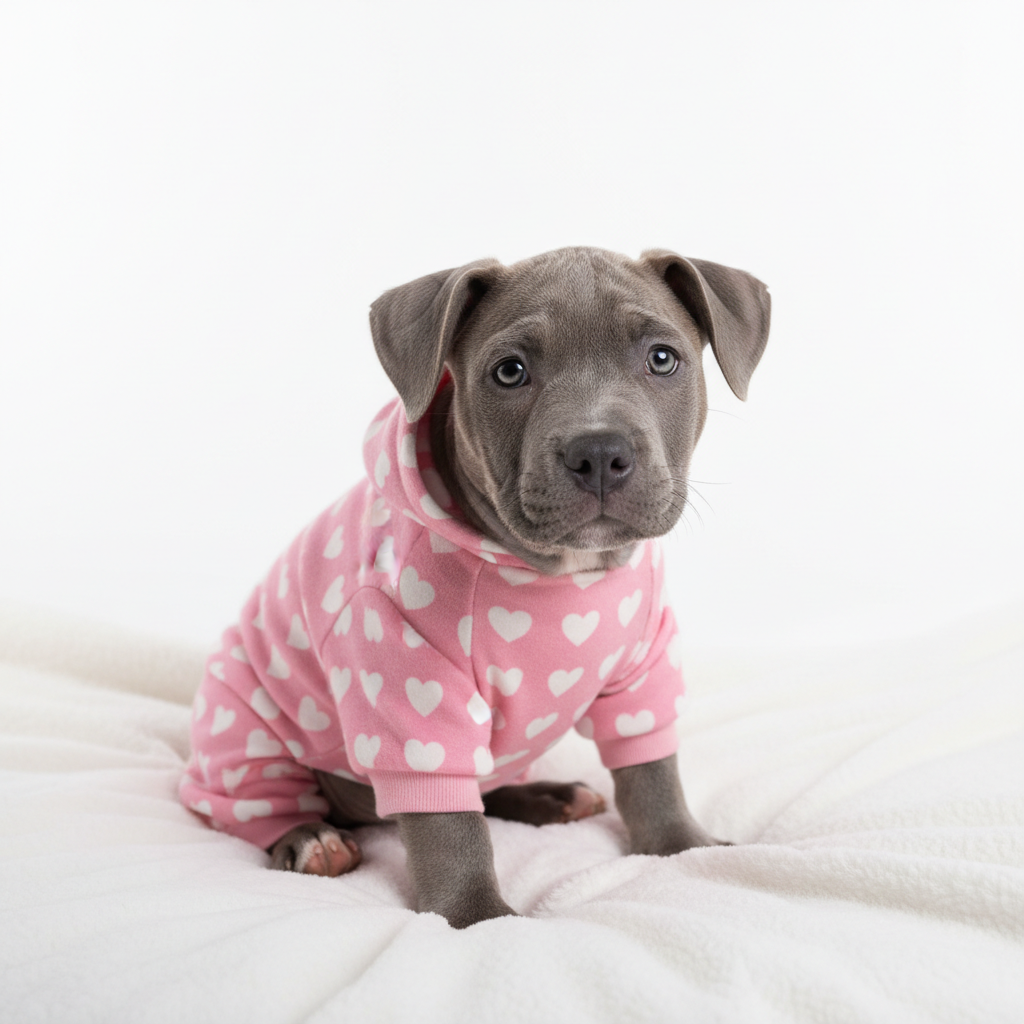 Grey pitbull puppy wearing pink heart print dog pajamas