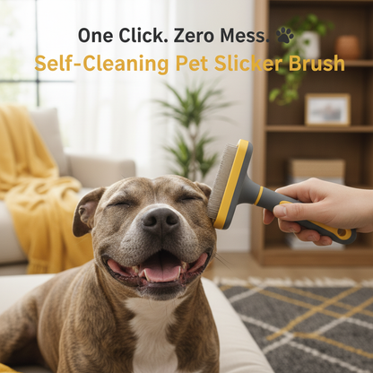 Loveable pitbull being groomed with Self-Cleaning Pet Slicker Brush
