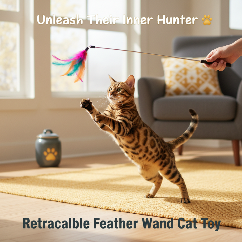 Bengal cat playing with Retractable Feather Wand Cat Toy