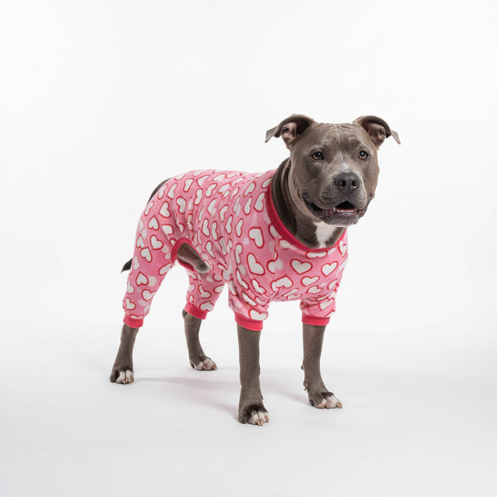 Large grey pitbull wearing pink heart print dog pajamas